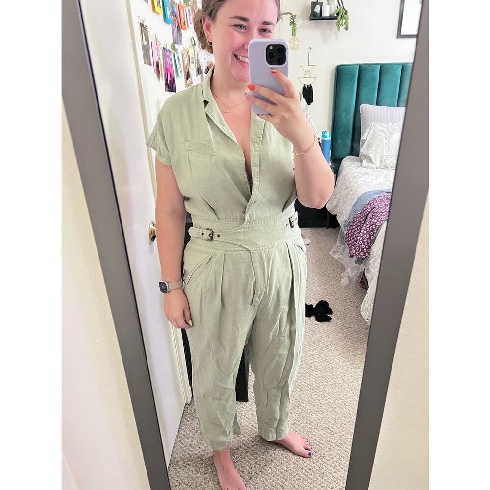 LAUREN RALPH LAUREN Green Linen Blend Notched Lapels Utility Jumpsuit size 8 - Picture 13 of 15